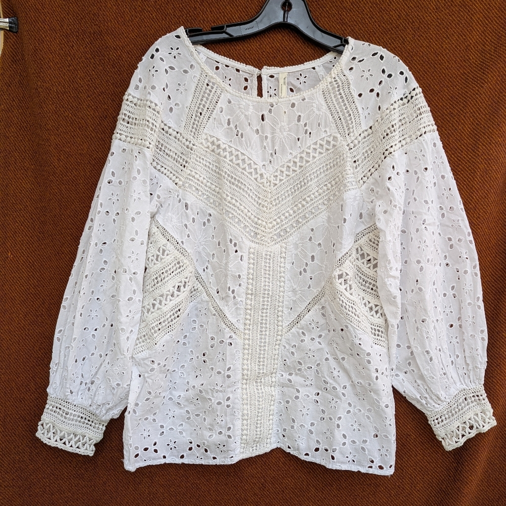 By Anthropologie Eyelet Blouse Size XS White Cotton Balloon Sleeve Oversized